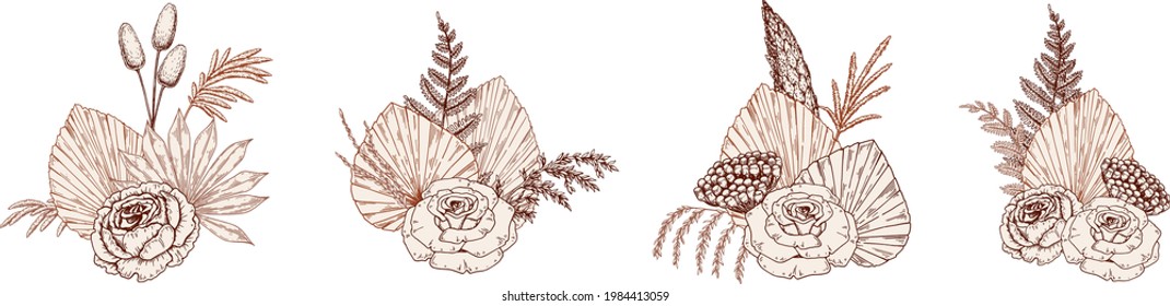 Set of hand drawn modern flower bouquets with rose, dried palm leaves and pampas grass. Vector illustration in sketch style