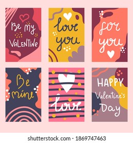 Set of hand drawn modern  greeting cards. Valentines day, Love concept. Flat illustration.