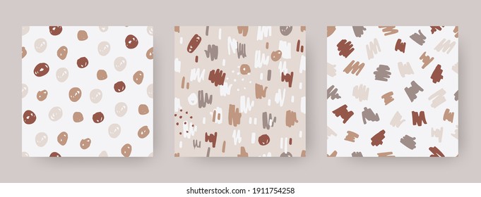 Set hand drawn modern patterns of brush stroke. Vector seamless texture shapes. Abstract backgrounds in boho color. Decorative print