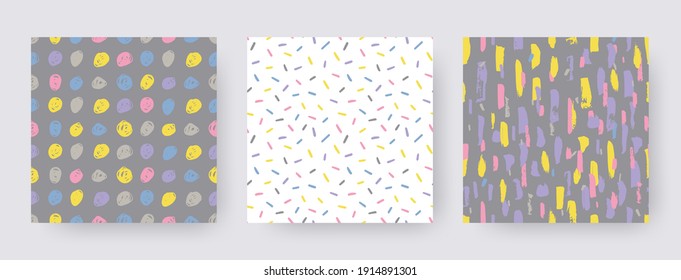 Set hand drawn modern patterns of brush stroke. Vector seamless texture shapes. Abstract backgrounds in boho color. Decorative print