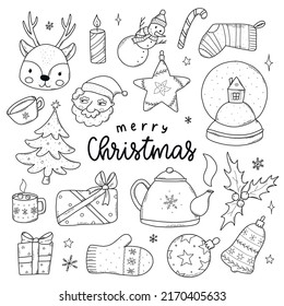 set of hand drawn monochrome Christmas doodles isolated on white background for coloring pages, prints, cards, labels, stickers, tags, icons, etc. EPS 10