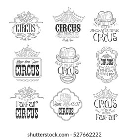 Set Of Hand Drawn Monochrome Circus Show Promotion Signs In Pencil Sketch Style With Calligraphic Text And Detailed Vintage Frames