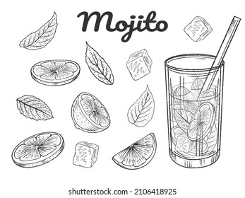 Conjunto de cubos monocromos de coctel, cal, menta y hielo dibujados a mano. Ilustración vectorial. Aislado en blanco.