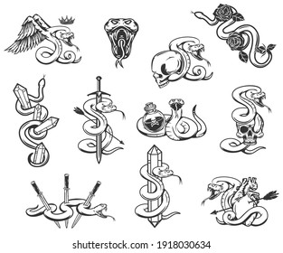 Set of hand drawn monochrome concept with poison snakes in vintage style. Design art composition for tattoo, print. Retro vector illustration isolated on white background.