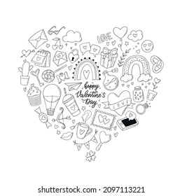 Set of hand drawn monochrome doodles clipart in a heart shape. Good for coloring pages, greeting cards, prints, invitations, stickers, etc. EPS 10