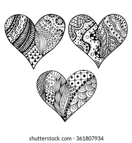 Set of hand drawn monochrome hearts in zentangle style. Pattern for coloring book. Coloring page for adult anti stress. Made by trace from sketch. Valentine's day background.