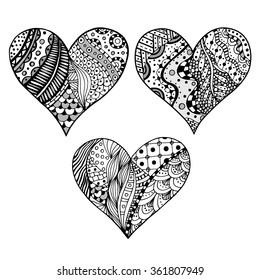 Set of hand drawn monochrome hearts in zentangle style. Pattern for coloring book. Coloring page for adult anti stress. Made by trace from sketch. Valentine's day background.