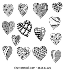 Set of hand drawn monochrome hearts in zentangle style. Pattern for coloring book. Coloring page for adult anti stress. Made by trace from sketch. Valentine's day background.