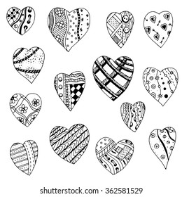 Set of hand drawn monochrome hearts in zentangle style. Pattern for coloring book. Coloring page for adult anti stress. Made by trace from sketch. Valentine's day background.