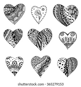 Set of hand drawn monochrome hearts in zentangle style. Pattern for coloring book. Coloring page for adult anti stress. Made by trace from sketch. Valentine's day background.