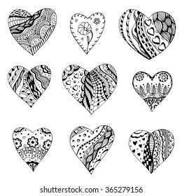 Set of hand drawn monochrome hearts in zentangle style. Pattern for coloring book. Coloring page for adult anti stress. Made by trace from sketch. Valentine's day background.