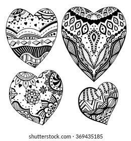 Set of hand drawn monochrome hearts in zentangle style. Pattern for coloring book. Coloring page for adult anti stress. Made by trace from sketch. Valentine's day background.