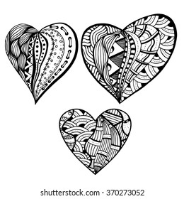 Set of hand drawn monochrome hearts in zentangle style. Pattern for coloring book. Coloring page for adult anti stress. Made by trace from sketch. Valentine's day background.