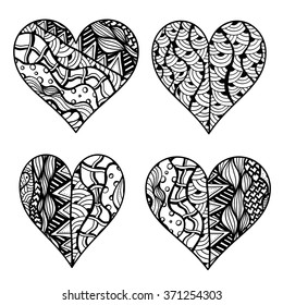 Set of hand drawn monochrome hearts in zentangle style. Pattern for coloring book. Coloring page for adult anti stress. Made by trace from sketch. Valentine's day background.