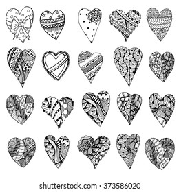 Set of hand drawn monochrome hearts in Tangle Patterns style. Pattern for coloring book. Coloring page for adult anti stress. Made by trace from sketch. Valentine's day background.