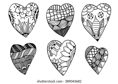 Set of hand drawn monochrome hearts in zentangle style. Pattern for coloring book. Coloring page for adult anti stress. Made by trace from sketch. Valentine's day background.