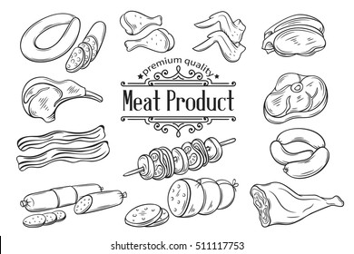 Set hand drawn monochrome icon meat. Decorative meat icons in old style for the design food meat production , brochures, banner, restaurant menu and market