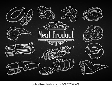 Set hand drawn monochrome icon meat. Decorative meat icons in old style for the design food meat production , brochures, banner, restaurant menu and market. Chalk board style.