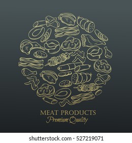 Set hand drawn monochrome icon meat. Decorative meat icons in old style for the design food meat production , brochures, banner, restaurant menu and market. Golden design template, page decoration.