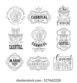 Set Of Hand Drawn Monochrome Mardi Gras Event Promotion Signs In Pencil Sketch Style With Calligraphic Text And Detailed Vintage Frames