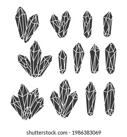 Set handgezeichnete, monochrome Quarzkristalle. Diamantschmuck-Silhouetten-Kollektion. Boho Vektorgrafik einzeln auf weißem Hintergrund.