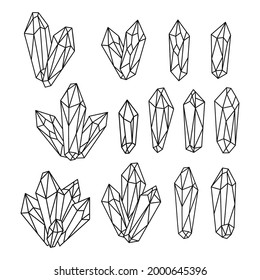 Set of hand drawn monochrome quartz crystals. Diamond jewelry silhouettes collection. Boho vector illustration in linear style isolated on white background.