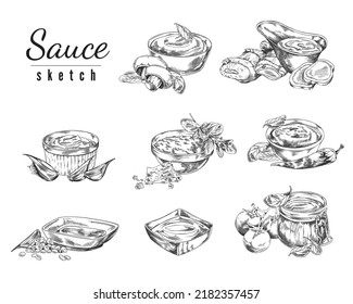 Conjunto de salsas monocromáticas dibujadas a mano en el estilo de boceto de los tazones, ilustración vectorial aislada en fondo blanco. Ingredientes frescos naturales, especias sabrosas, contorno negro