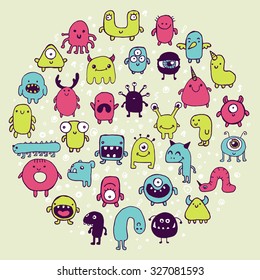 set of hand drawn monster doodles, colorful background or card design