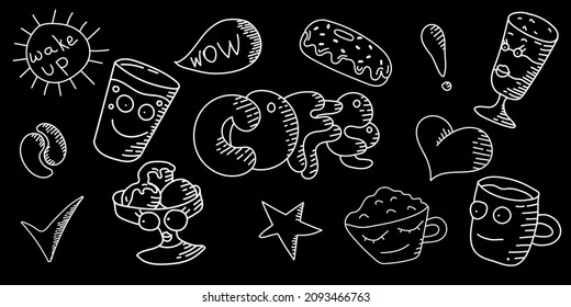 Set of hand drawn morning coffee elements. Set for menu decoration. Cartoon. Simple doodle forms. Black and white