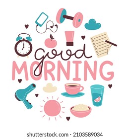 Conjunto de elementos de rutina matutinos dibujados a mano. Buenos días. Desayuno, fitness matutino, planificación diaria. Ilustración aislada del vector