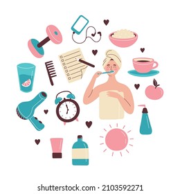 Set of hand drawn morning routine elements. The woman is brushing her teeth. Breakfast, morning fitness, daily planning. Vector isolated illustration