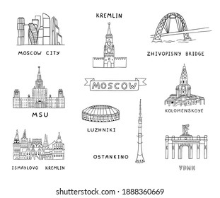 Set of hand drawn Moscow famous places and tourist attractions. Doodle vector illustration