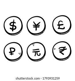 
Set of hand drawn the most popular currency symbol. Dollar, euro, yen, yuan, pound, rupee, ruble signs doodle vector