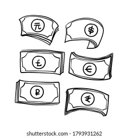 
Set of hand drawn the most popular currency symbol. Dollar, euro, yen, yuan, pound, rupee, ruble signs doodle vector