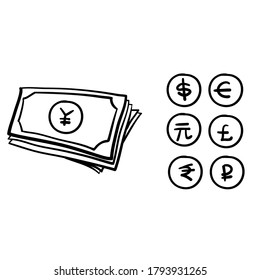 
Set of hand drawn the most popular currency symbol. Dollar, euro, yen, yuan, pound, rupee, ruble signs doodle vector