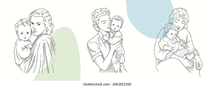 Set Of Hand Drawn Mother Holding Baby Vintage Illustration Vector