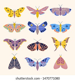 Set of hand drawn moths and butterflies in doodle style