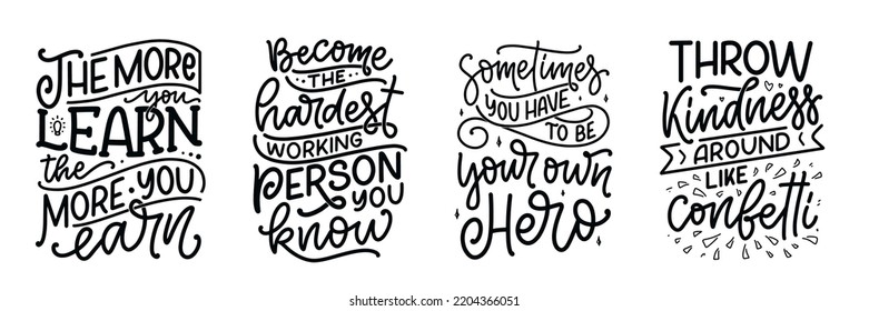 Set with hand drawn motivation lettering quotes in modern calligraphy style. Inspiration slogans for print and poster design. Vector