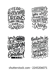 Set with hand drawn motivation lettering quotes in modern calligraphy style. Inspiration slogans for print and poster design. Vector