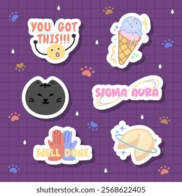 set of hand drawn motivational word and cute cartoon design for sticker journal element