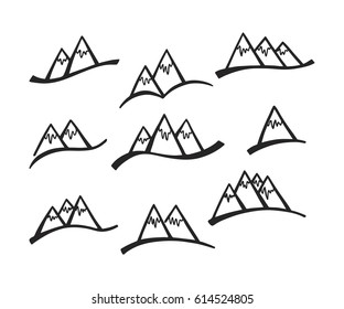 Set of hand drawn mountain icons. Monochrome drawing elements isolated on white background. Vector illustration.