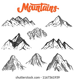 Set of hand drawn mountain illustrations. Design element for poster, card, emblem, sign banner. Vector image