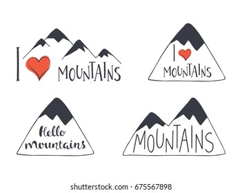 Set of hand drawn mountain silhouettes with lettering. Phrase I love mountains. Vector outdoor activity concept for prints, t-shirts, cards and posters.