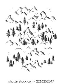 Set of hand drawn mountains and pine trees with birds. Vector illustration isolated on white background. Engraving style.