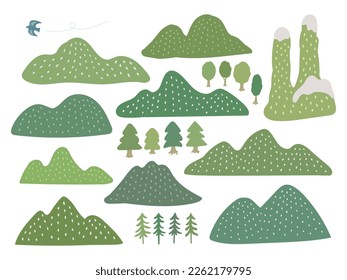 Set of hand drawn mountains and trees