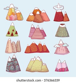 Set of hand Drawn mountains vector illustration.