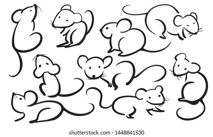 Set of hand drawn mouse in Chinese calligraphy style. Vector illustration.