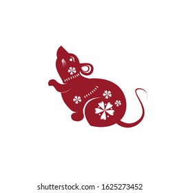 Set of hand drawn mouse in chinese calligraphy style. Vector illustration. Title translation Happy New Year, symbol in red stamp means Rat, hieroglyph Fu above means Good luck, below - Zodiac sign Rat