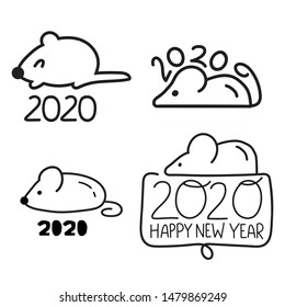 Set of hand drawn mouse icons for 2020 new year. Vector illustrations on white background.