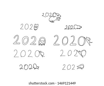 set with hand drawn mouse in line style. Vector illustration. Zodiac sign Rat
